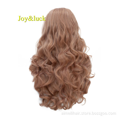 Long Rose Gold Color Natural Wavy Synthetic Wigs for Women or DIY Curly Wigs for Women Wave Hair Style